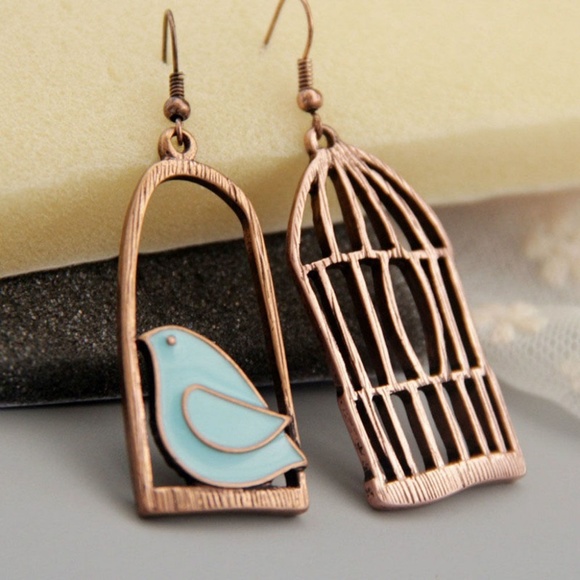 Jewelry - Free Bird Empty Cage Dangle Earrings Copper Blue